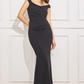 Black off-the-shoulder draped neck long dress