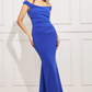 Royal blue off-the-shoulder draped neck long dress
