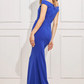 Royal blue off-the-shoulder draped neck long dress