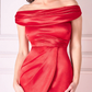 Red satin drape neck wrap long dress 