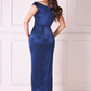 Navy satin draped neck wrap long dress