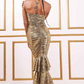 Gold bandeau design frilled long dress