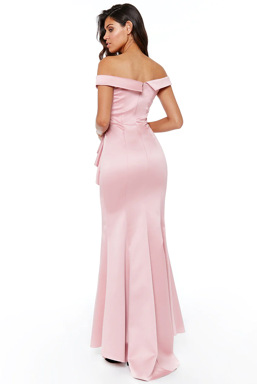 pink satin off-the-shoulder long dress