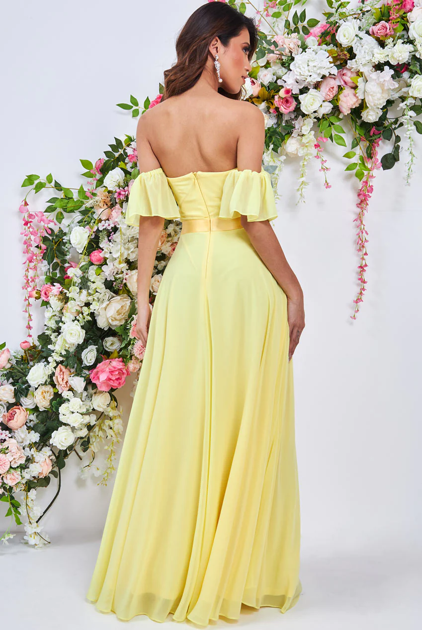 Yellow off-the-shoulder chiffon long dress