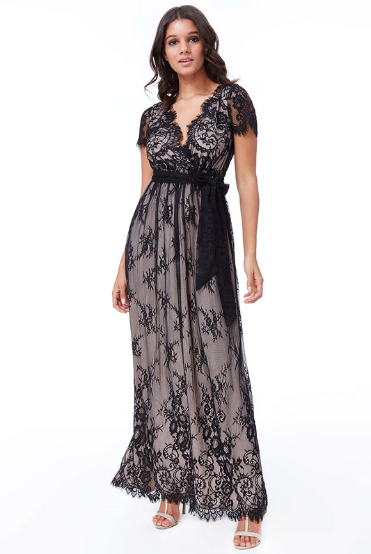 Wrap design embroidered tulle long dress
