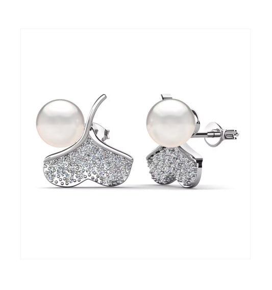 Leaf motif pearl earrings