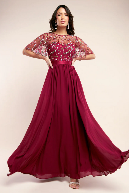 Burgundy floral embroidered flared long dress