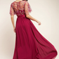 Burgundy floral embroidered flared long dress