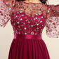 Burgundy floral embroidered flared long dress