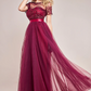 Burgundy tulle sleeve design flare long dress
