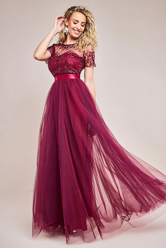 Burgundy tulle sleeve design flare long dress