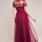 Burgundy tulle sleeve design flare long dress