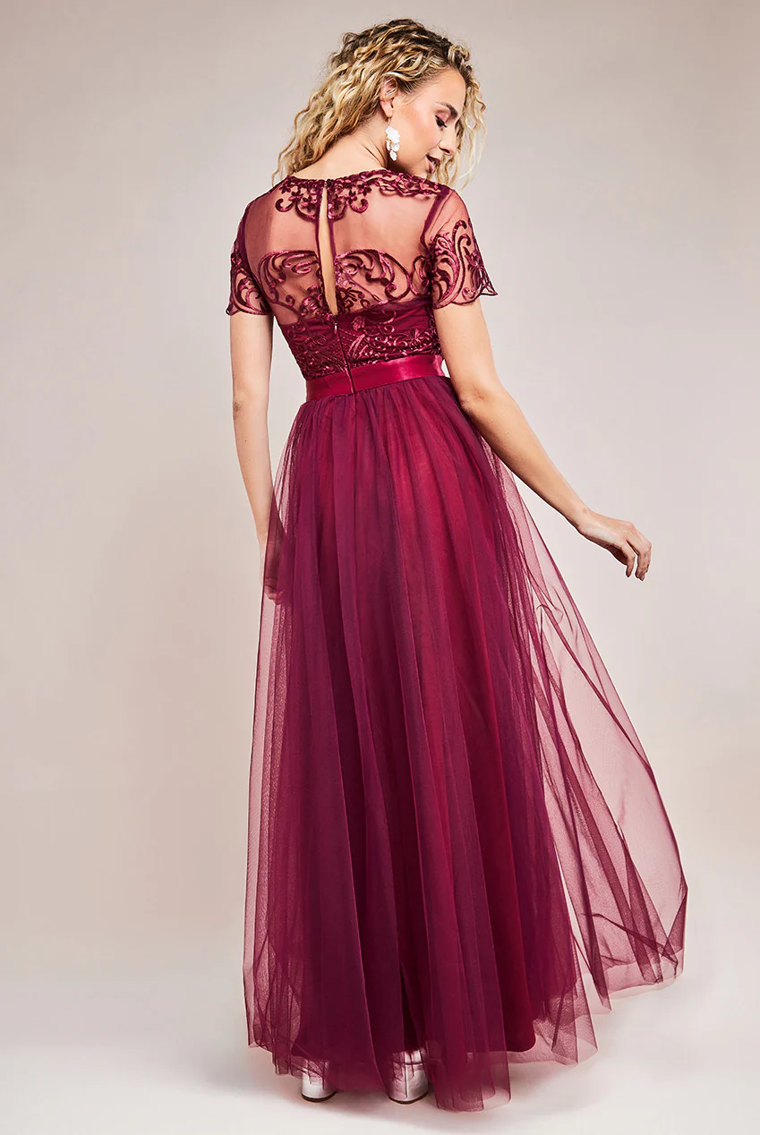 Burgundy tulle sleeve design flare long dress