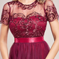 Burgundy tulle sleeve design flare long dress