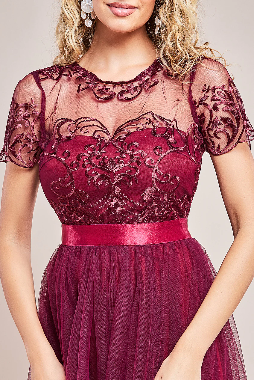 Burgundy tulle sleeve design flare long dress