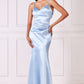 Light blue draped back satin long dress