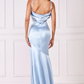 Light blue draped back satin long dress