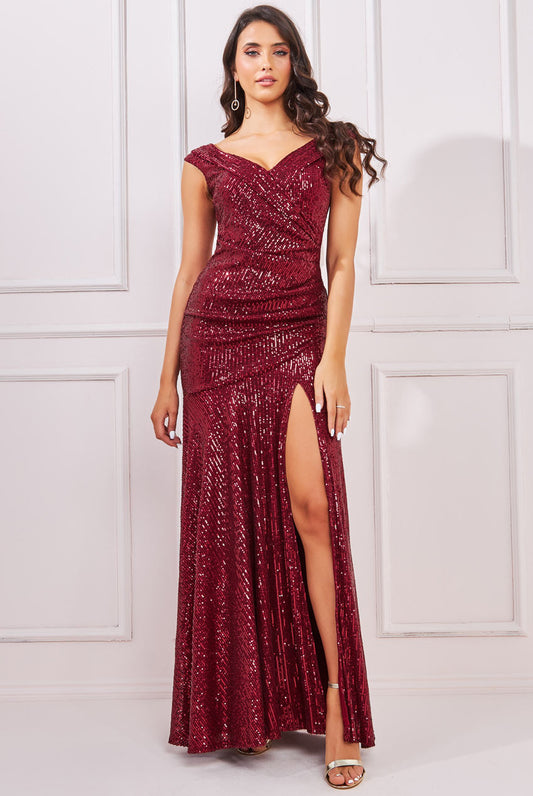 Burgundy sequined flare long dress