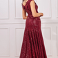 Burgundy sequined flare long dress