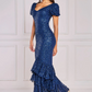 Navy puff sleeve sequin long dress