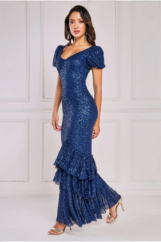 Navy puff sleeve sequin long dress