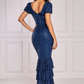 Navy puff sleeve sequin long dress