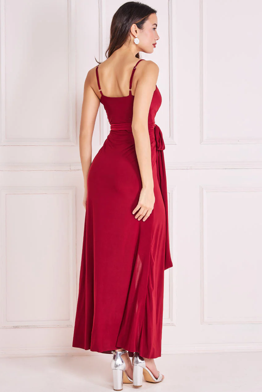 Burgundy wrap front long dress