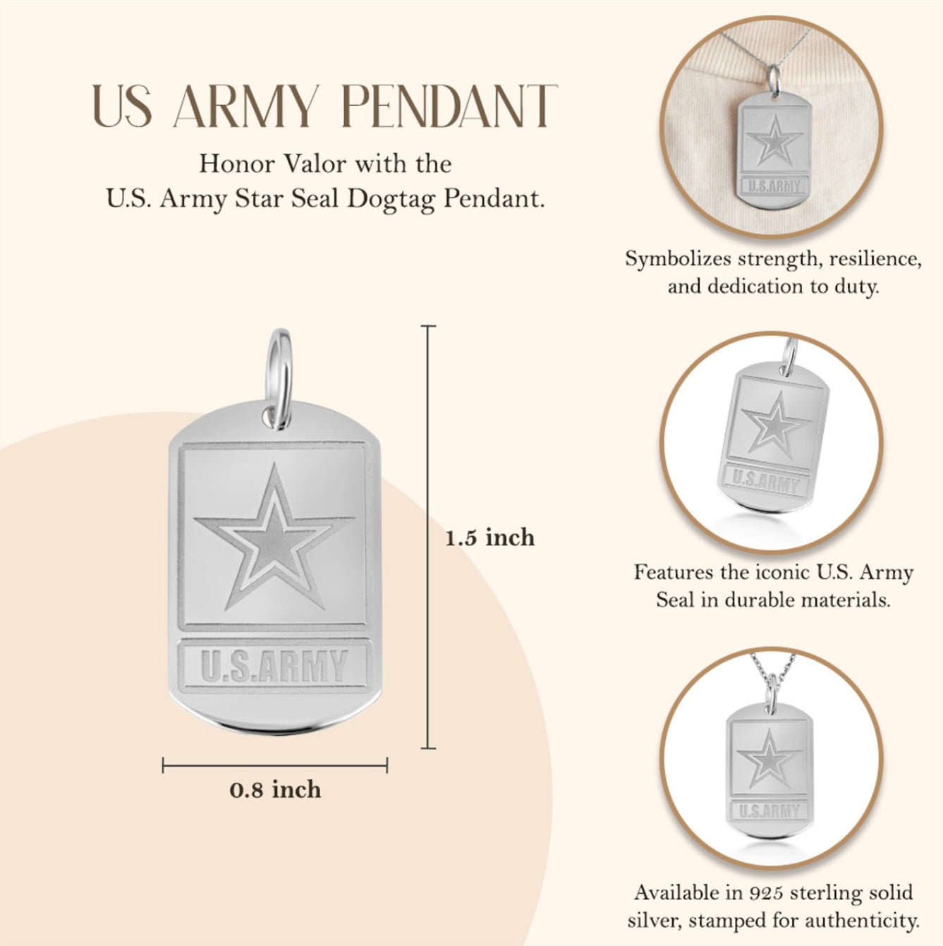 925 Sterling Silver United States Army Star Seal Officially Licensed Dogtag Pendant Necklace