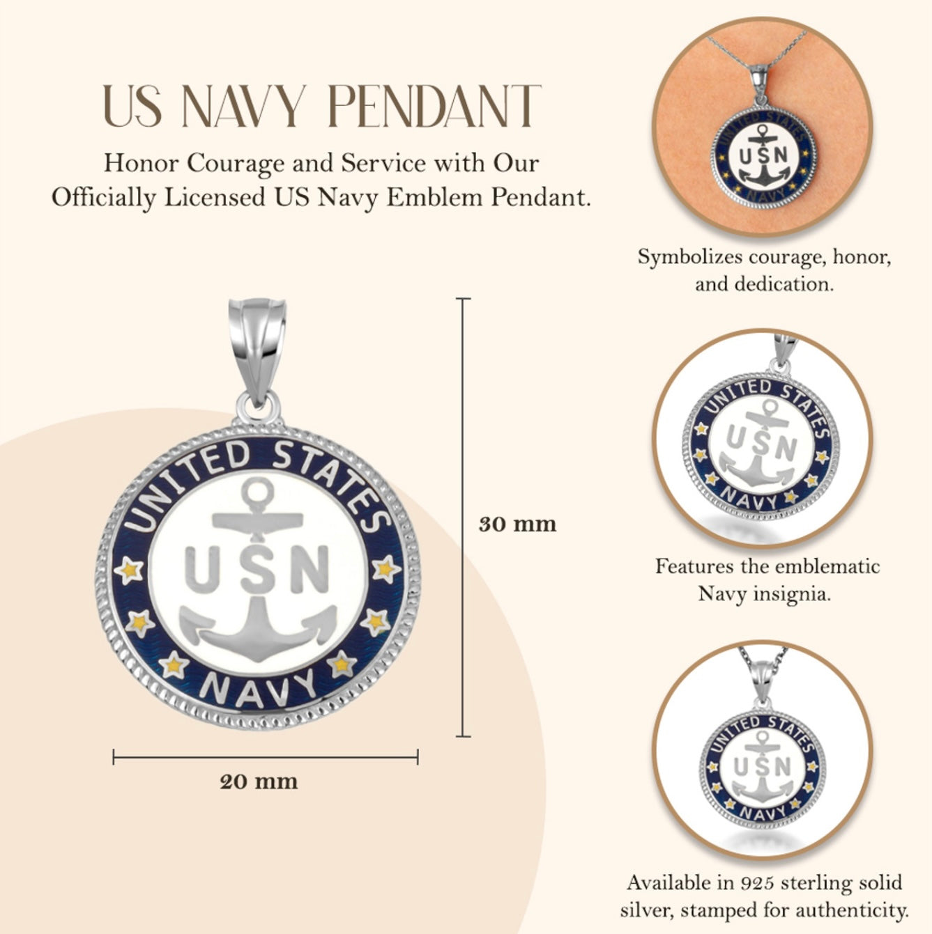925 Sterling Silver United States Navy Emblem Officially Licensed Medallion Pendant Necklace