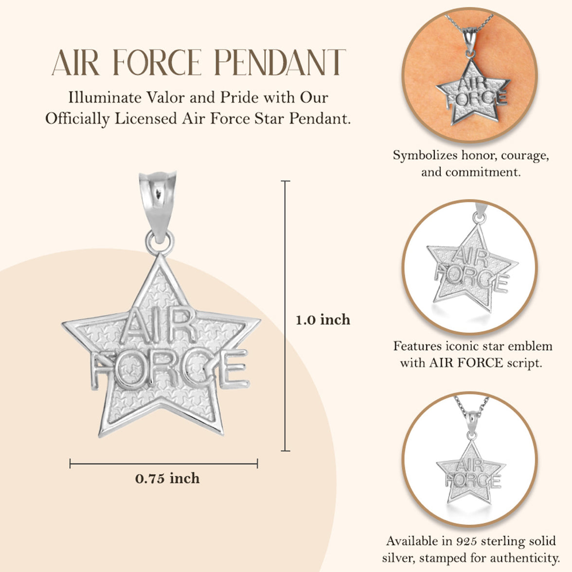 925 Sterling Silver United States Air Force Star Officially Licensed Pendant Necklace