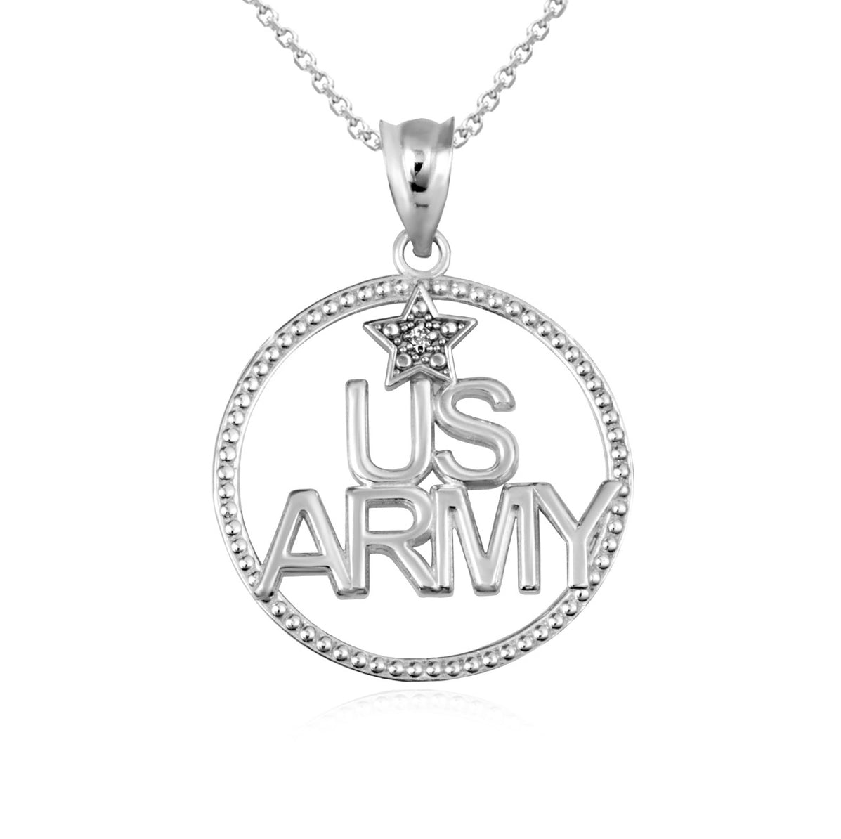 925 Sterling Silver Beaded United States Army Officially Licensed Star CZ Circle Pendant Necklace