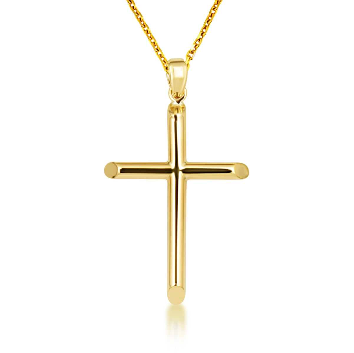 14K Gold Religious Cross Crucifix Tube Pendant Necklace