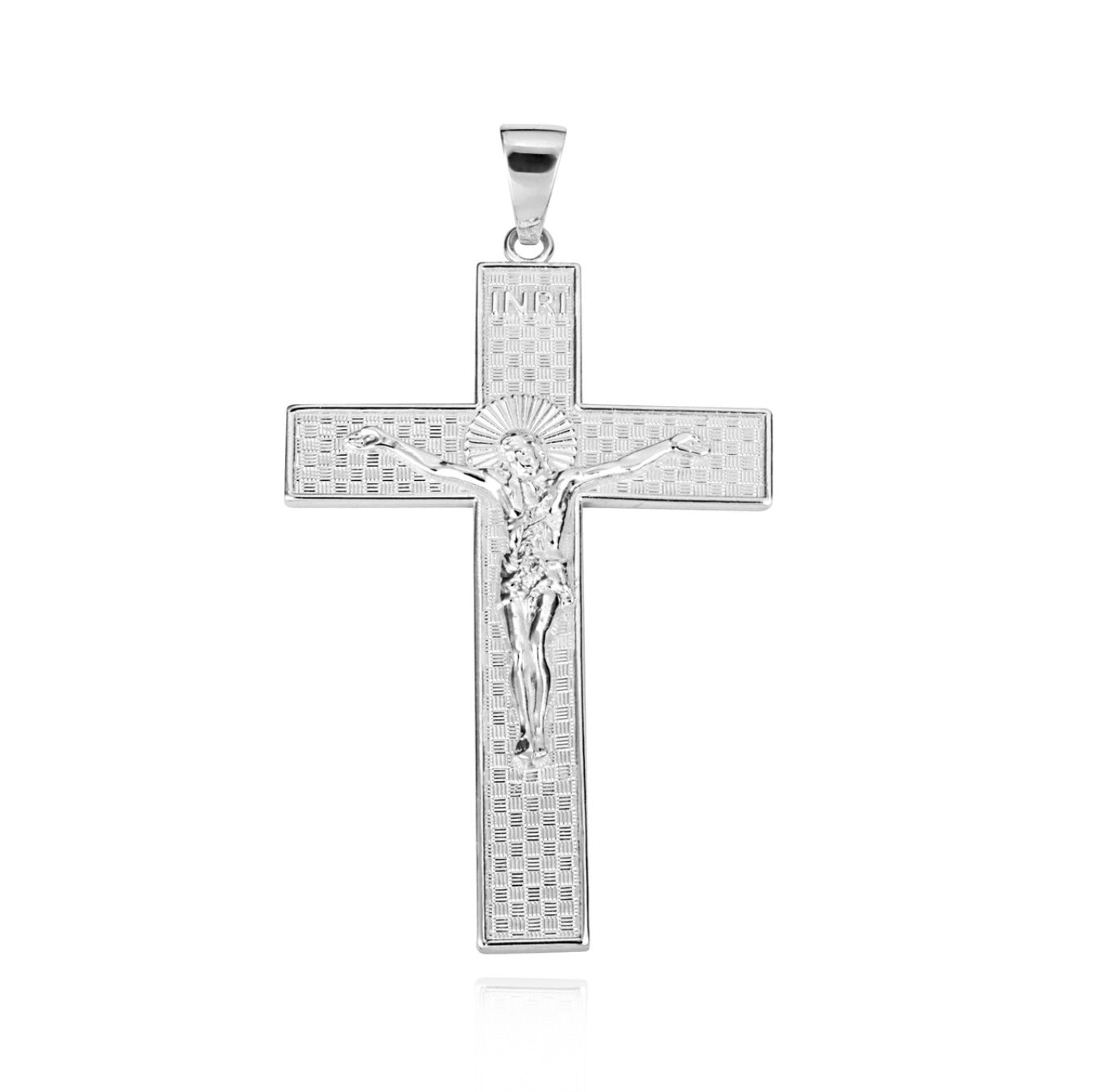 925 Sterling Silver INRI Checkered Cross Crucifix Jesus Christ Pendant Necklace