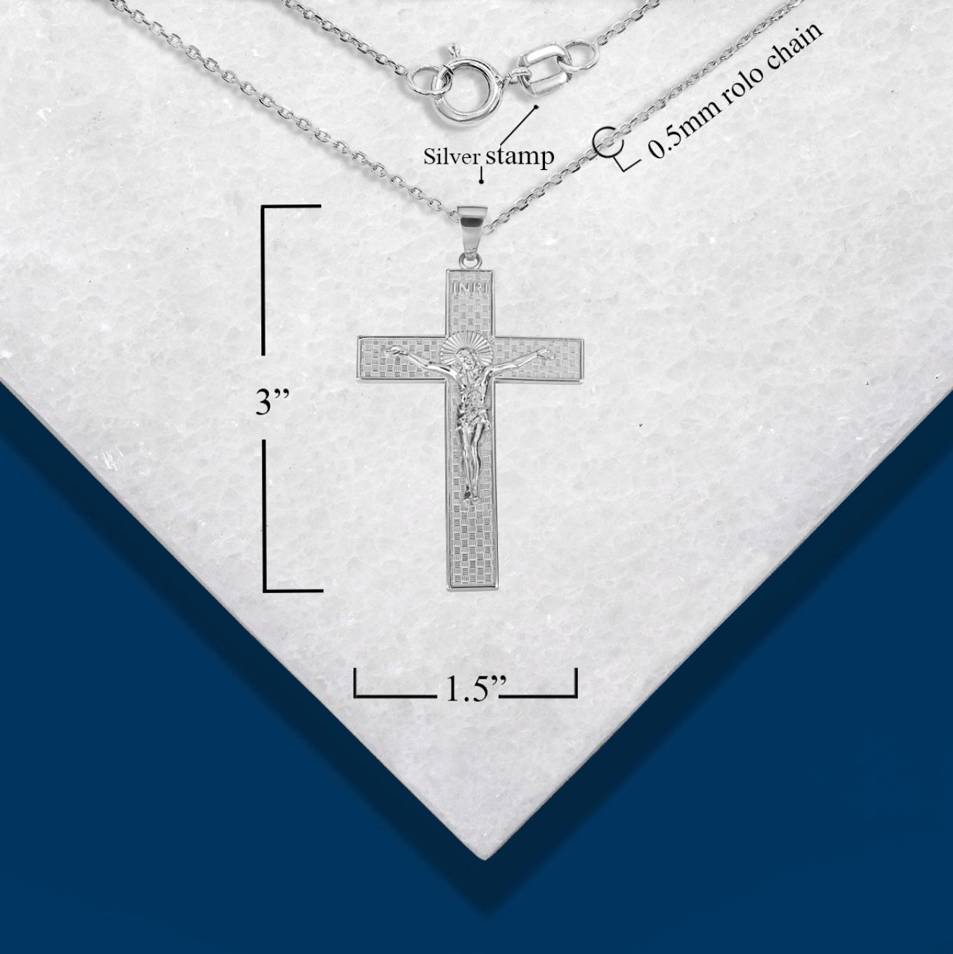 925 Sterling Silver INRI Checkered Cross Crucifix Jesus Christ Pendant Necklace