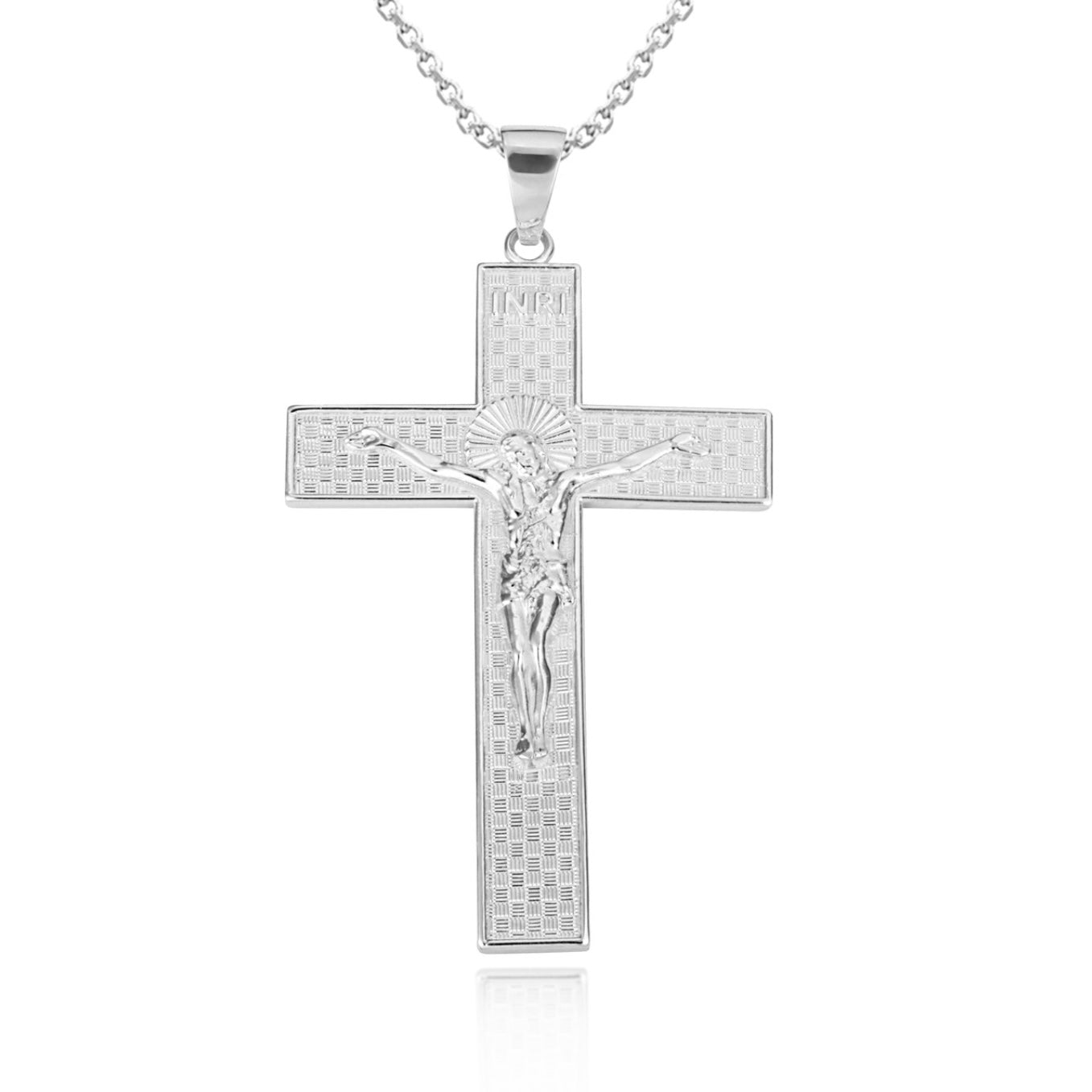 925 Sterling Silver INRI Checkered Cross Crucifix Jesus Christ Pendant Necklace