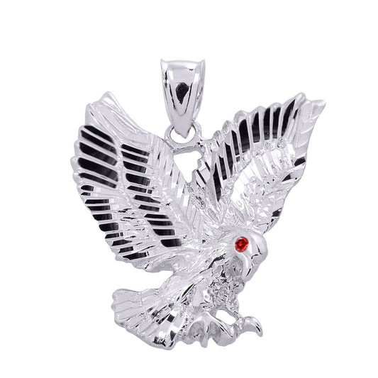 Sterling Silver Diamond Cut Eagle Ruby Birthstone Pendant