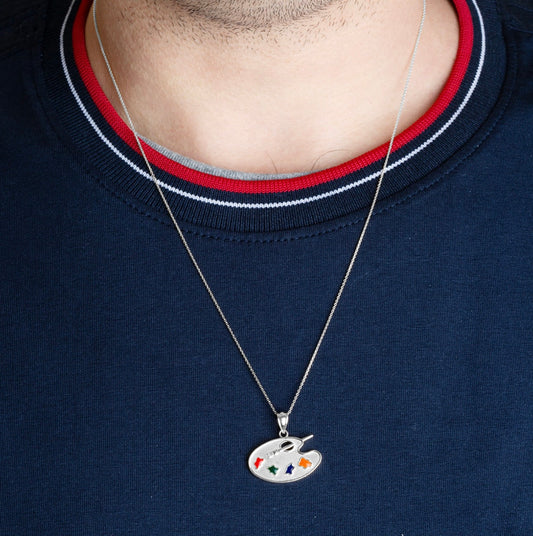 925 Sterling Silver Enamel Palette Paint Brush Artist Pendant Necklace