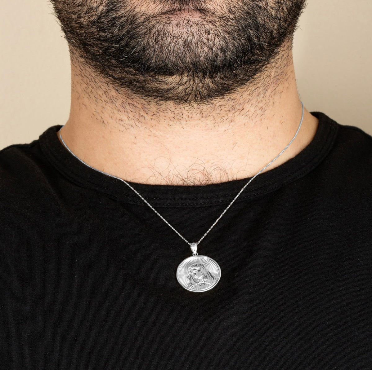 Sterling Silver Saint Mother Virgin Mary Medallion Pendant Necklace