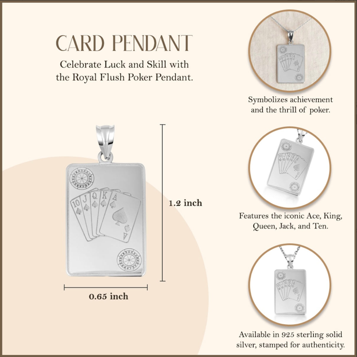 925 Sterling Silver Royal Flush Poker Playing Cards Pendant Necklace
