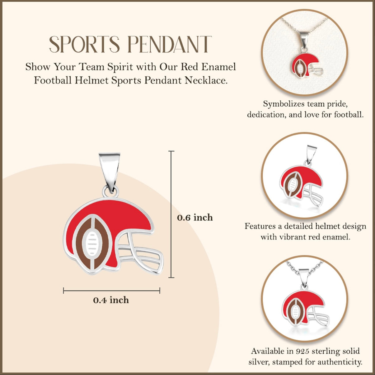 925 Sterling Silver Red Enamel Football Helmet Sports Pendant Necklace