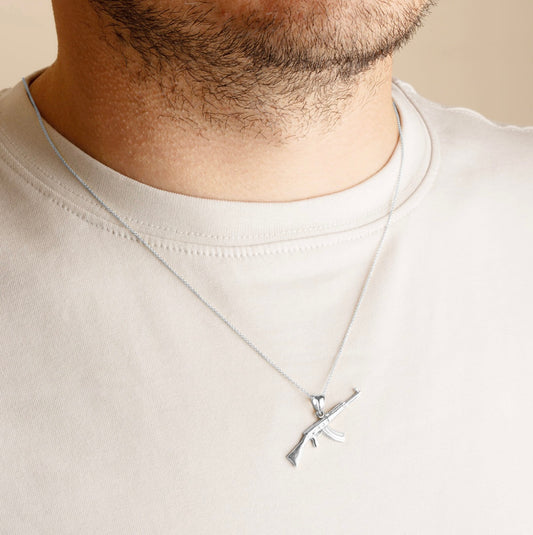925 Sterling Silver AK-47 Assault Rifle Gun Pendant Necklace
