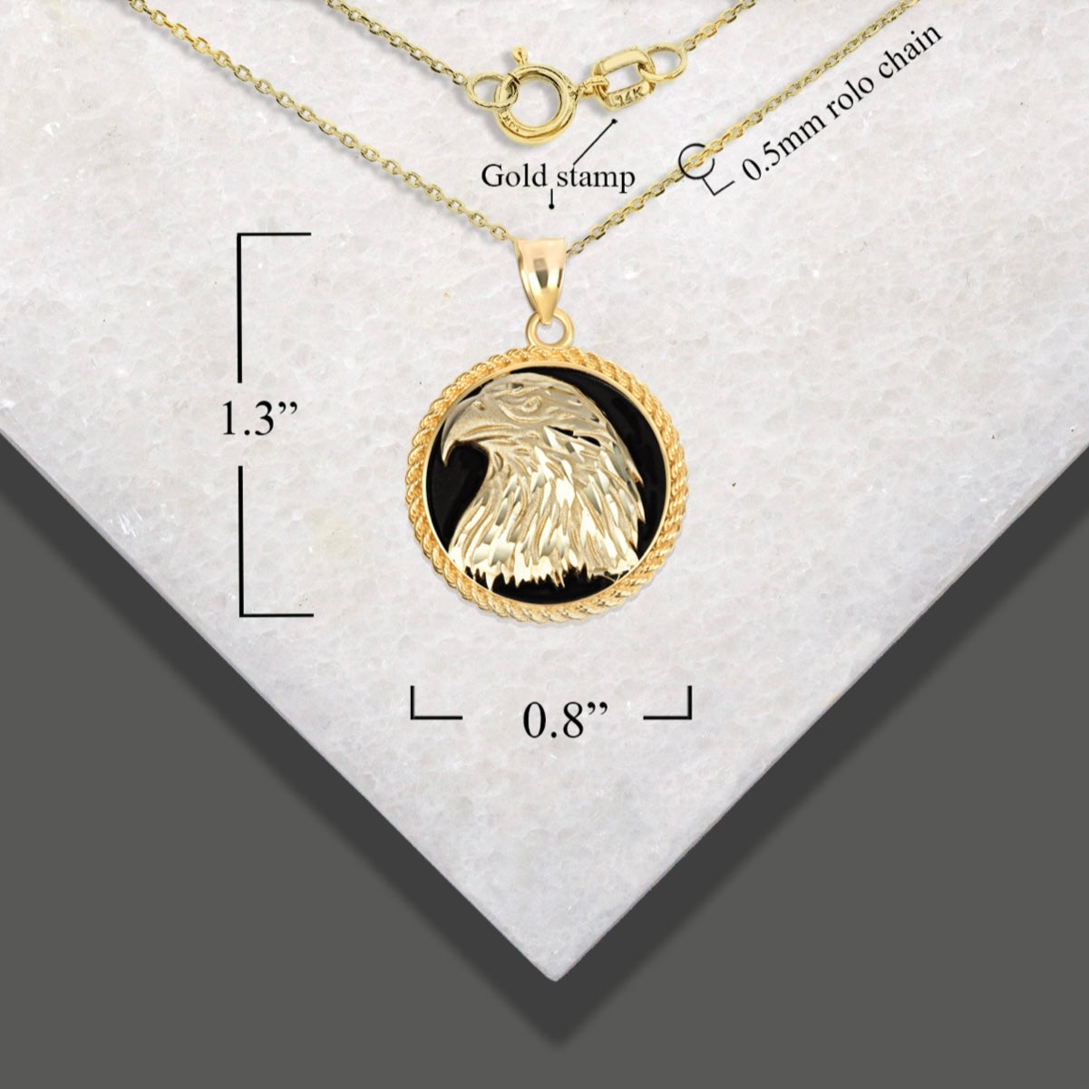 Gold Diamond Cut Eagle Black Onyx Rope Medallion Pendant Necklace