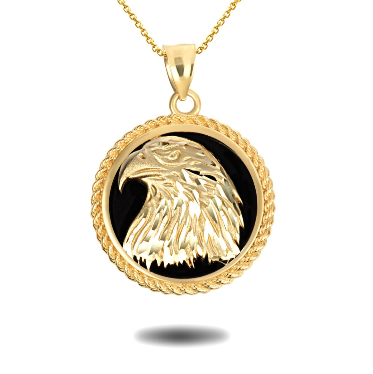 Gold Diamond Cut Eagle Black Onyx Rope Medallion Pendant Necklace