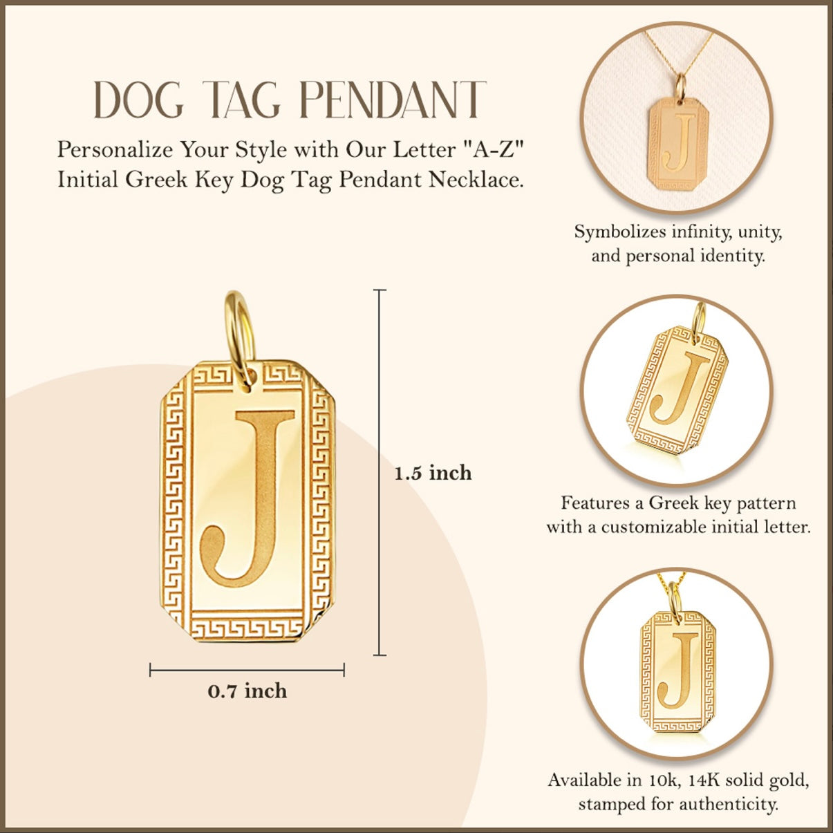 Gold Personalized Letter "A-Z" Initial Greek Key Dog Tag Pendant Necklace