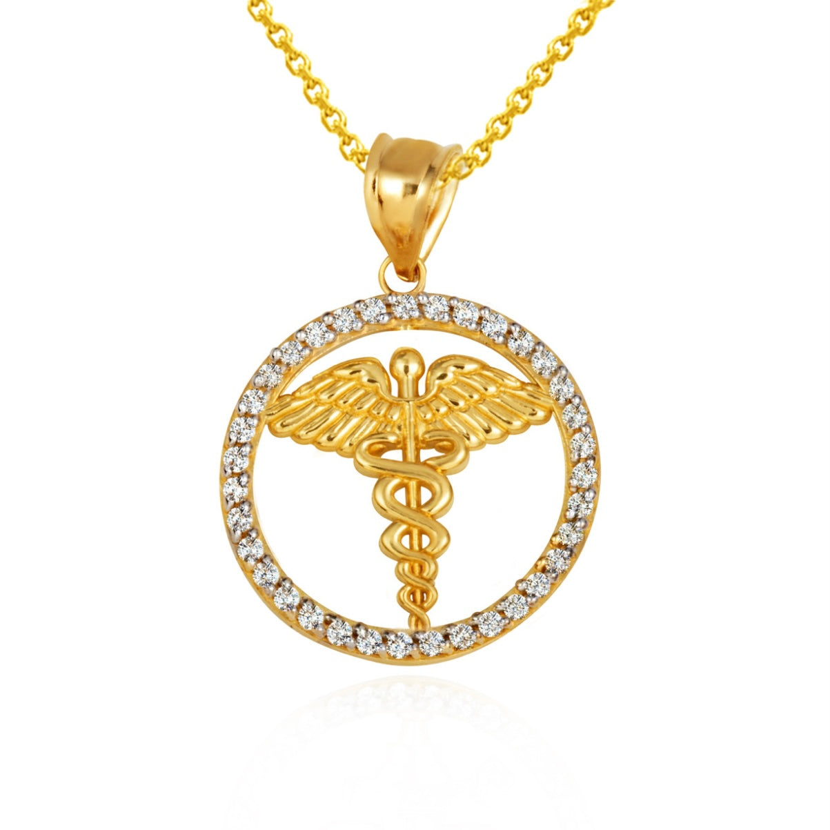 Solid Gold Medical Caduceus Staff Diamond Halo Pendant Necklace