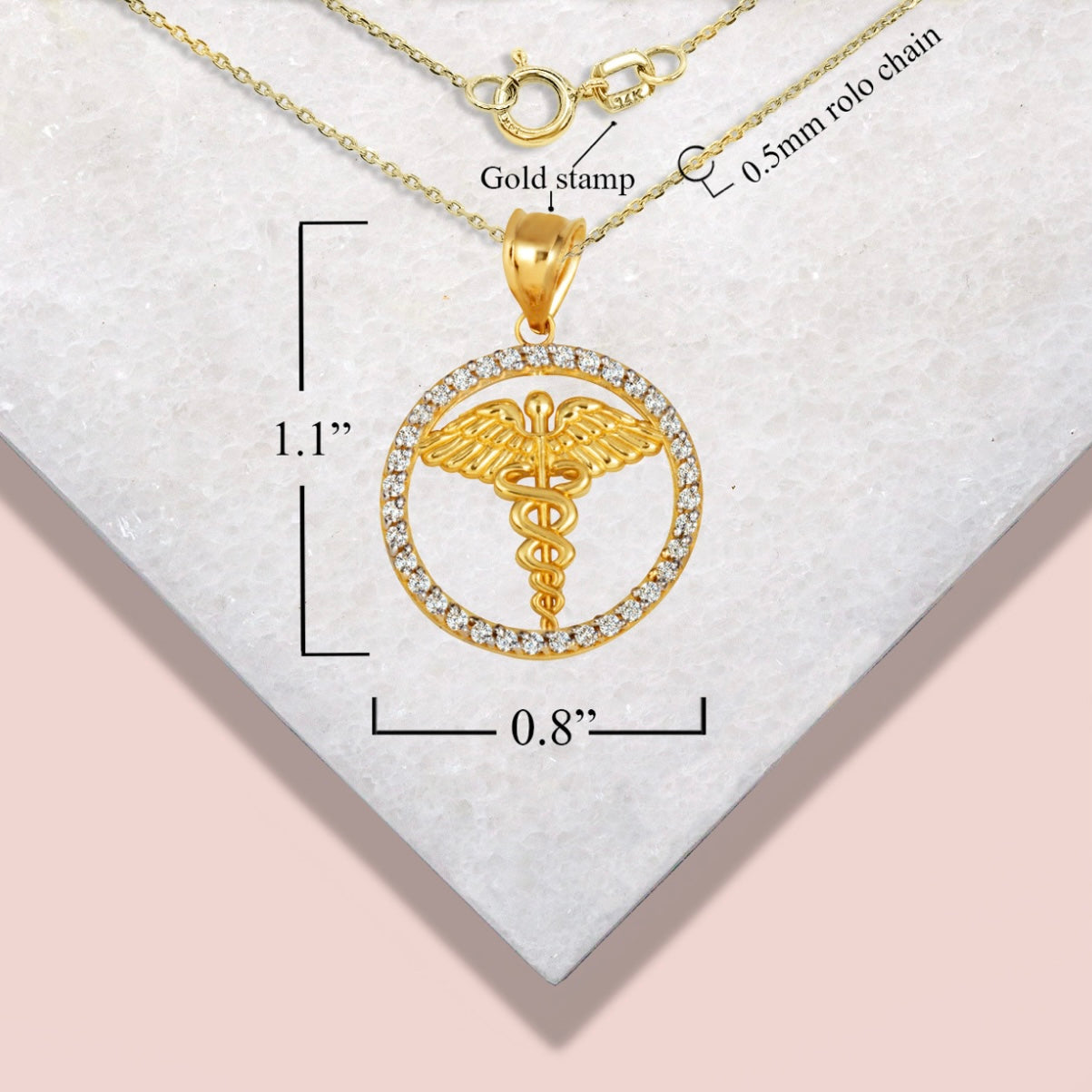 Solid Gold Medical Caduceus Staff Diamond Halo Pendant Necklace