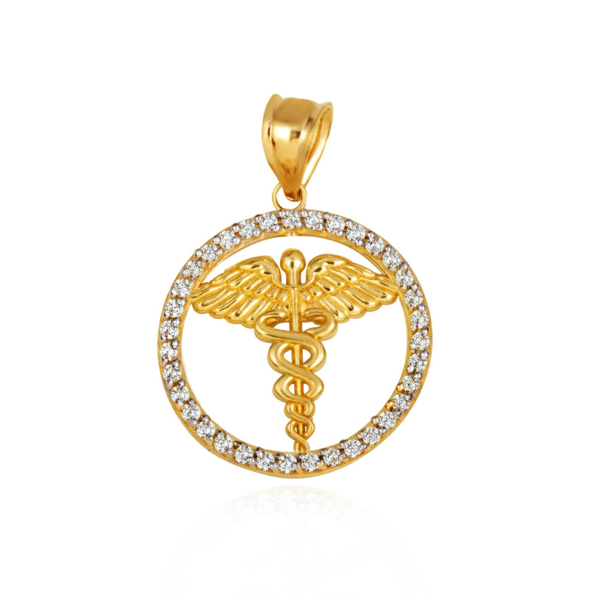 Solid Gold Medical Caduceus Staff Diamond Halo Pendant Necklace