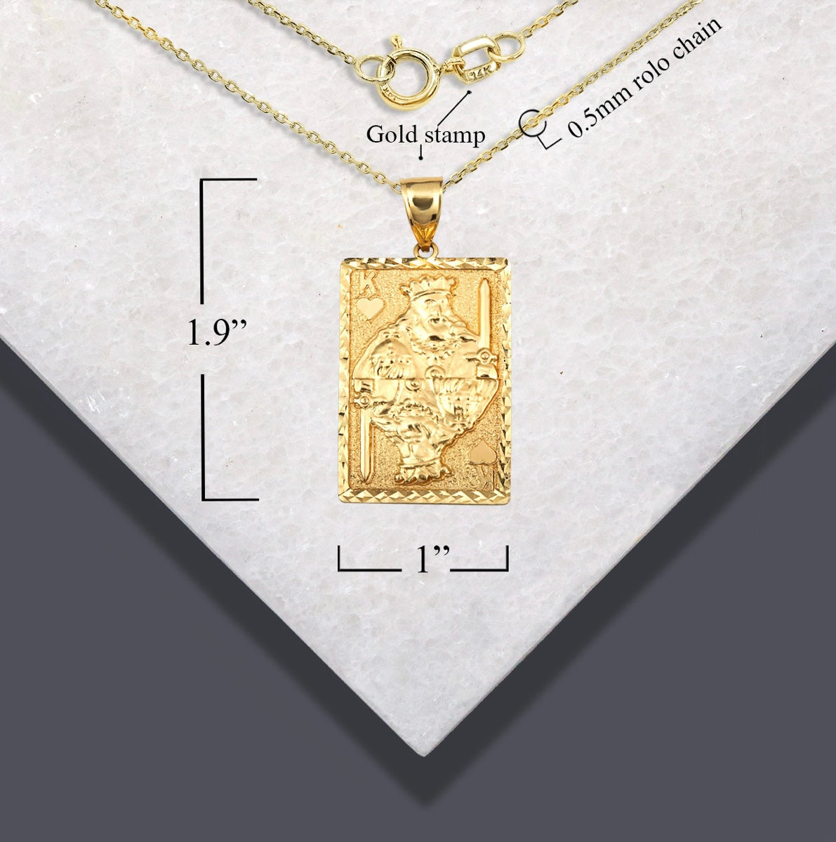 Solid Gold Diamond Cut King Of Hearts Playing Cards Pendant Necklace