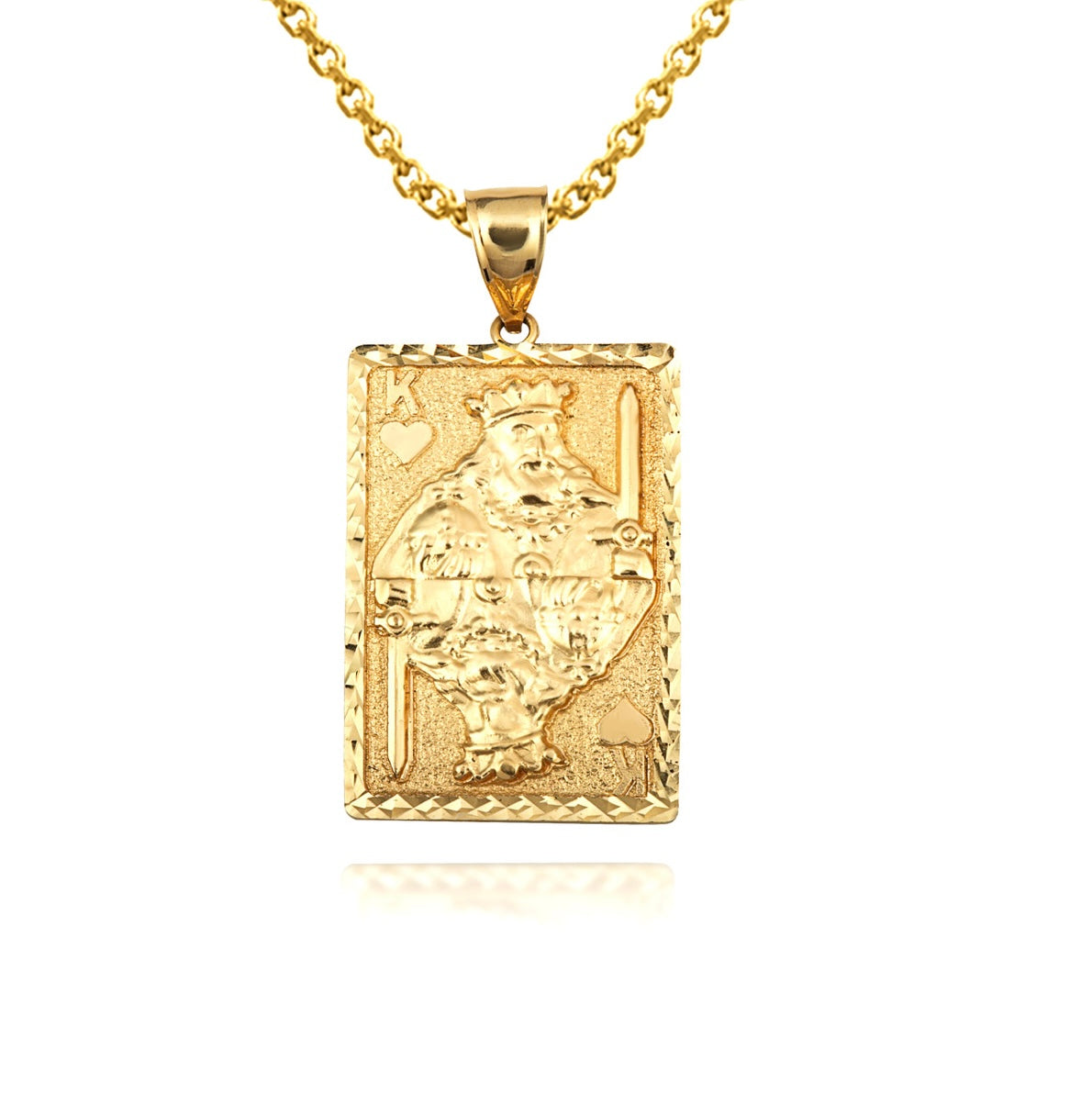 Solid Gold Diamond Cut King Of Hearts Playing Cards Pendant Necklace