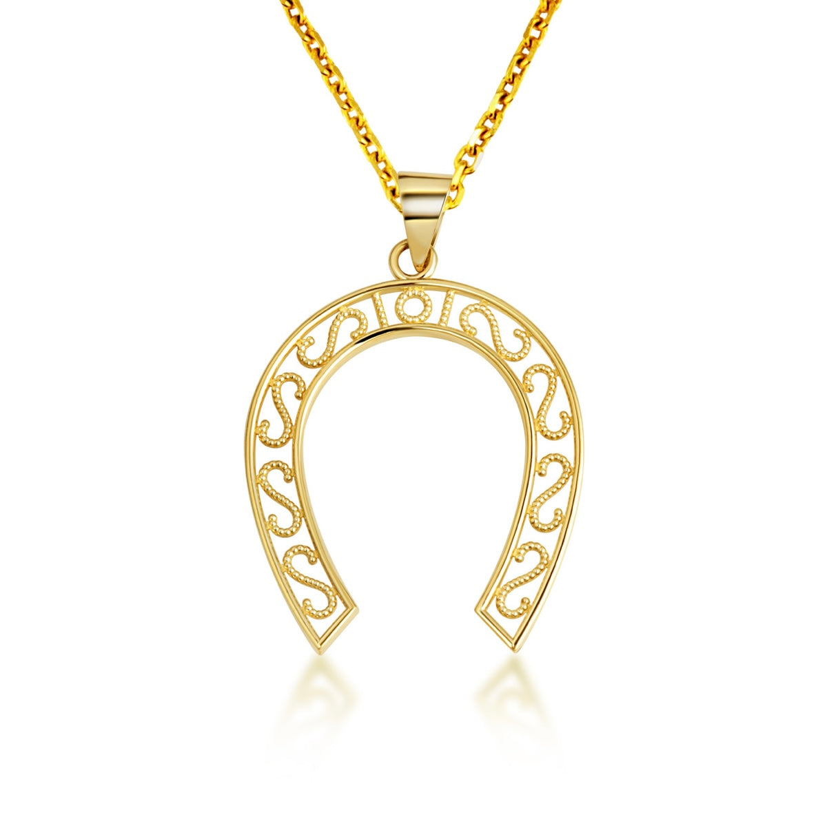 Gold Lucky Horseshoe Filigree Pendant Necklace
